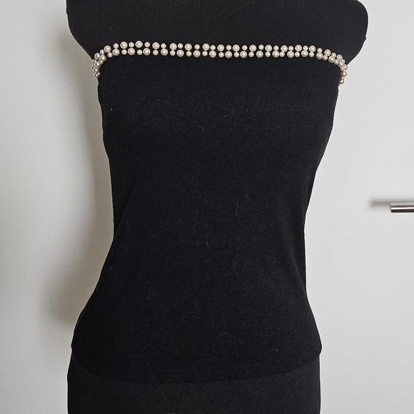 Datura Gyaru Black Strapless Crop Top with Pearl Trim Stretchy Bodycon - Picture 1 of 7